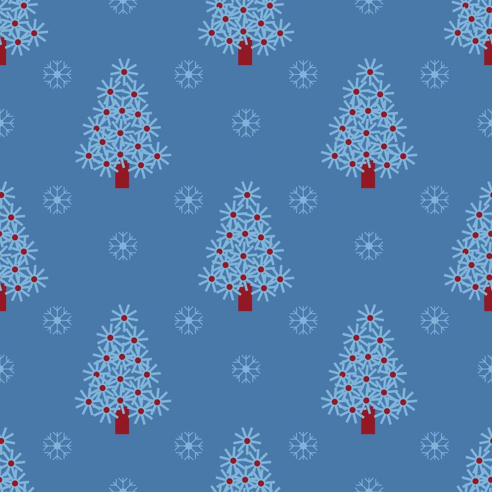 Festive holiday pattern featuring classic Christmas motifs red Christmas tree, snowflakes on a rich blue background, suited for festive wallpaper, cheerful seasonal designs, and joyful decor. vector