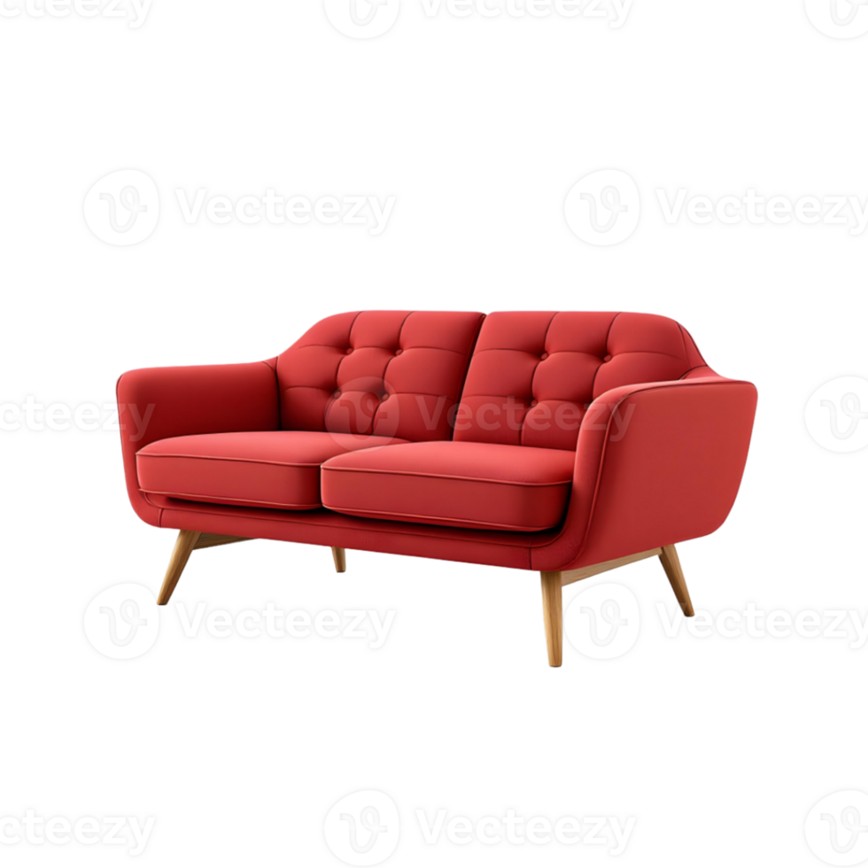 A red couch with wooden legs and a buttoned up seat png