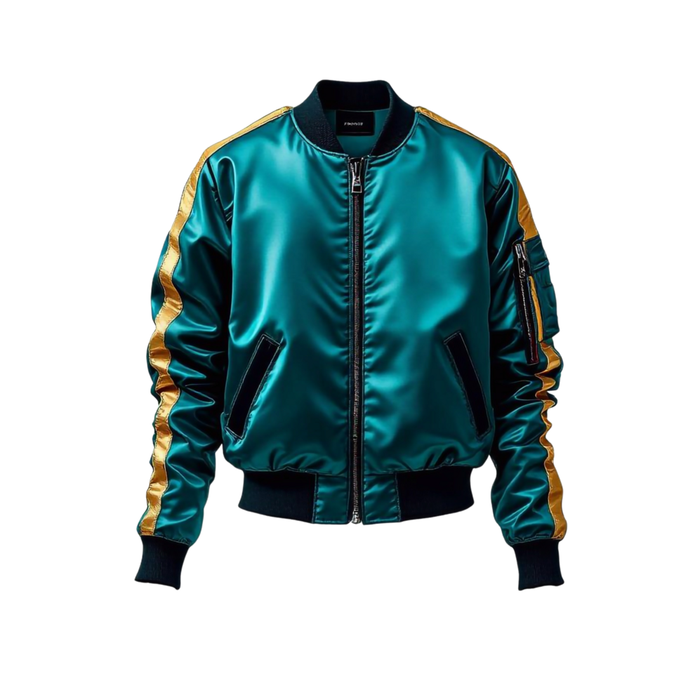 The bomber jacket is made from a shiny green and gold color png
