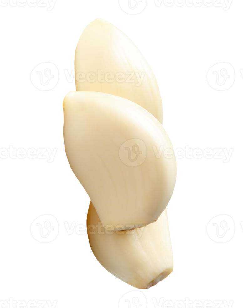 Top view of peeled garlic cloves in stack isolated with clipping path in file format png