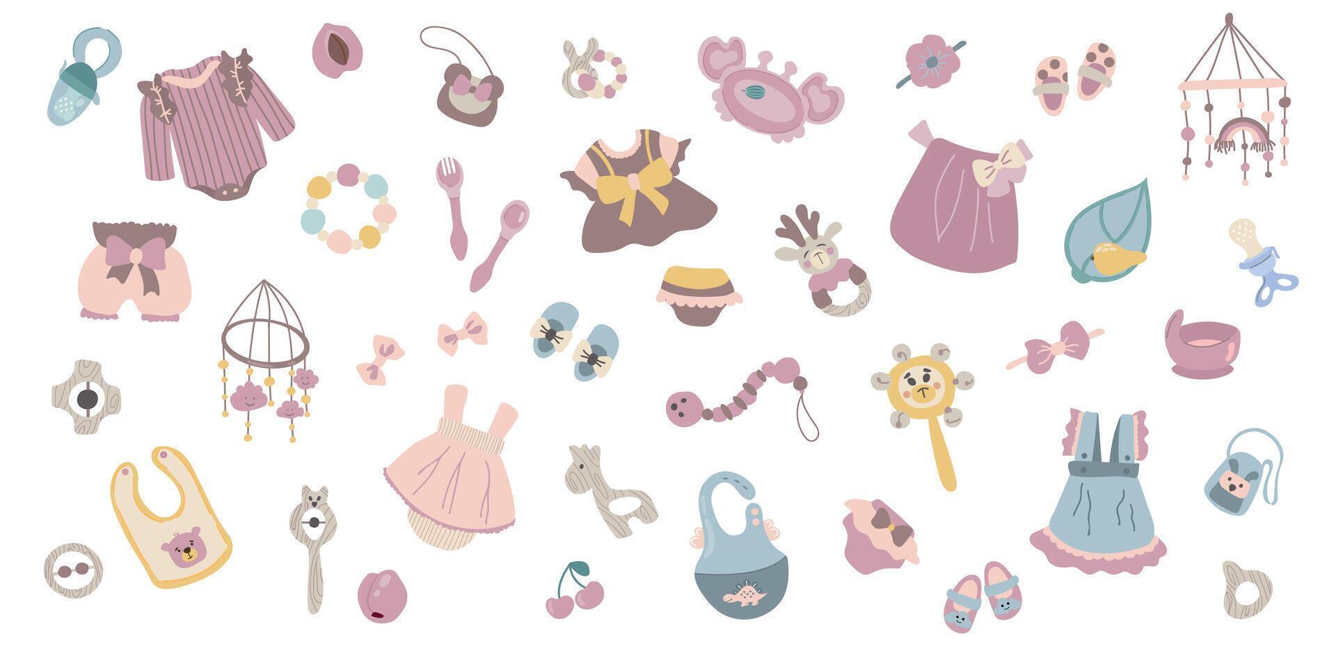 Set It's a baby. Hello girl. White background, isolate. Dresses, bib, handbag, toys, dishes. vector