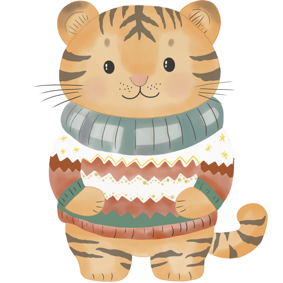 A cute tiger wearing cozy winter clothes for Christmas decoration. png