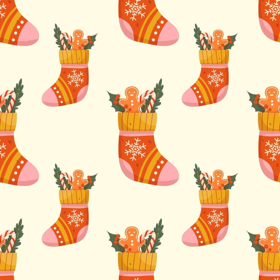 Christmas sock with gifts seamless pattern vector