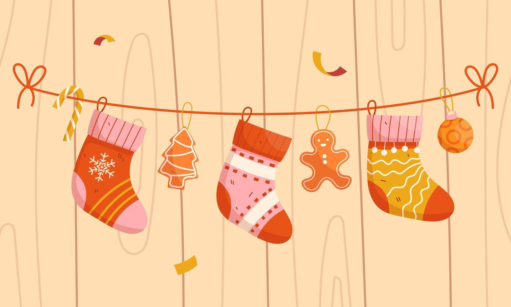 Christmas socks on a string on a wooden background vector