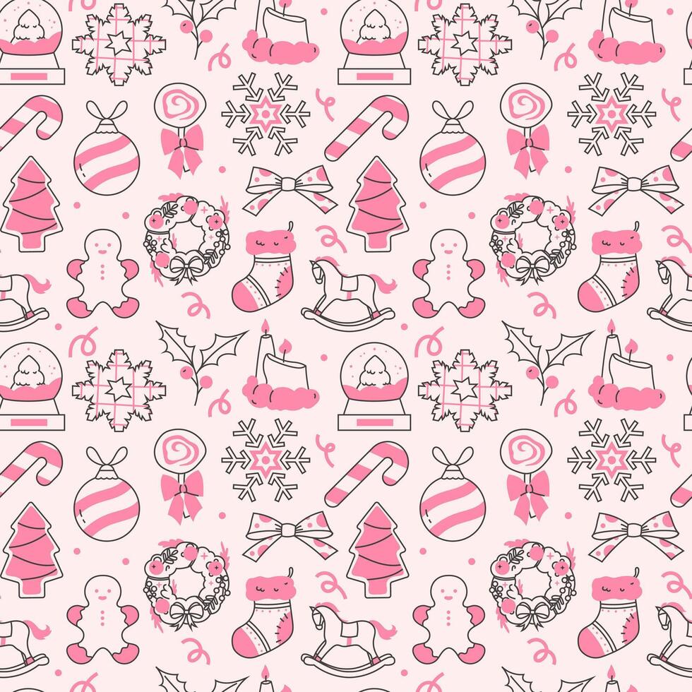 Seamless pattern with Christmas doodle elements with pink filling vector