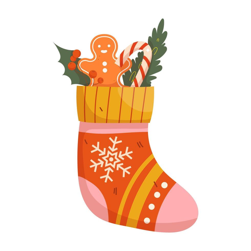 Christmas sock with gifts and festive decorations on white background vector