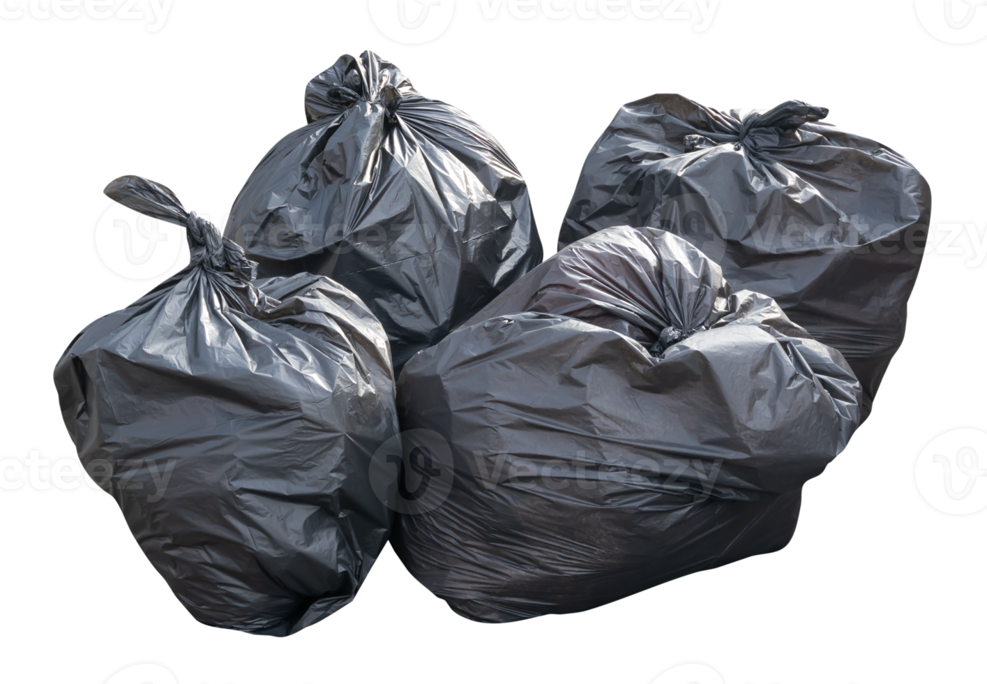 Front view of garbage in black plastic bag at garbage dump isolated with clipping path in file format png