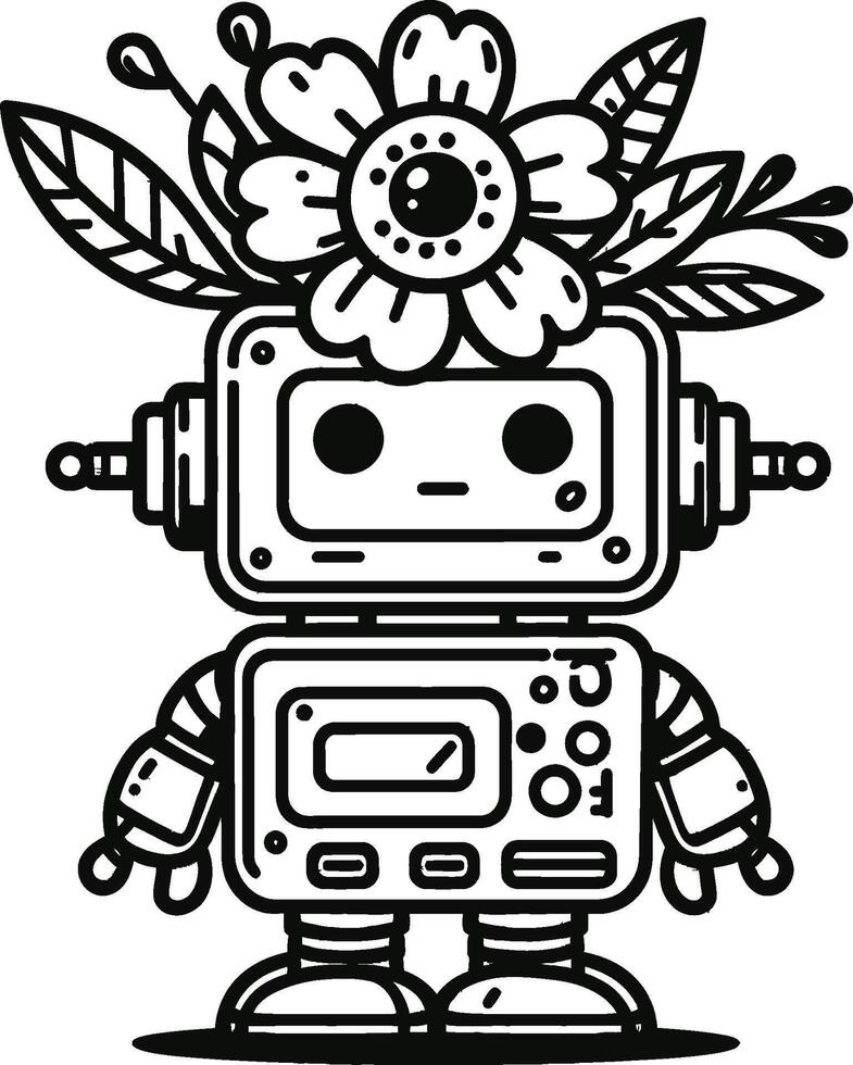 A robot with flowers on its head coloring page vector