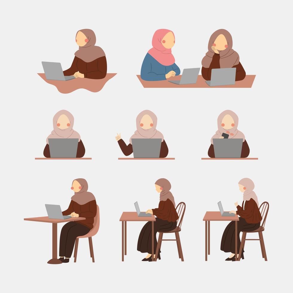 woman working character minimalist flat illustration set vector