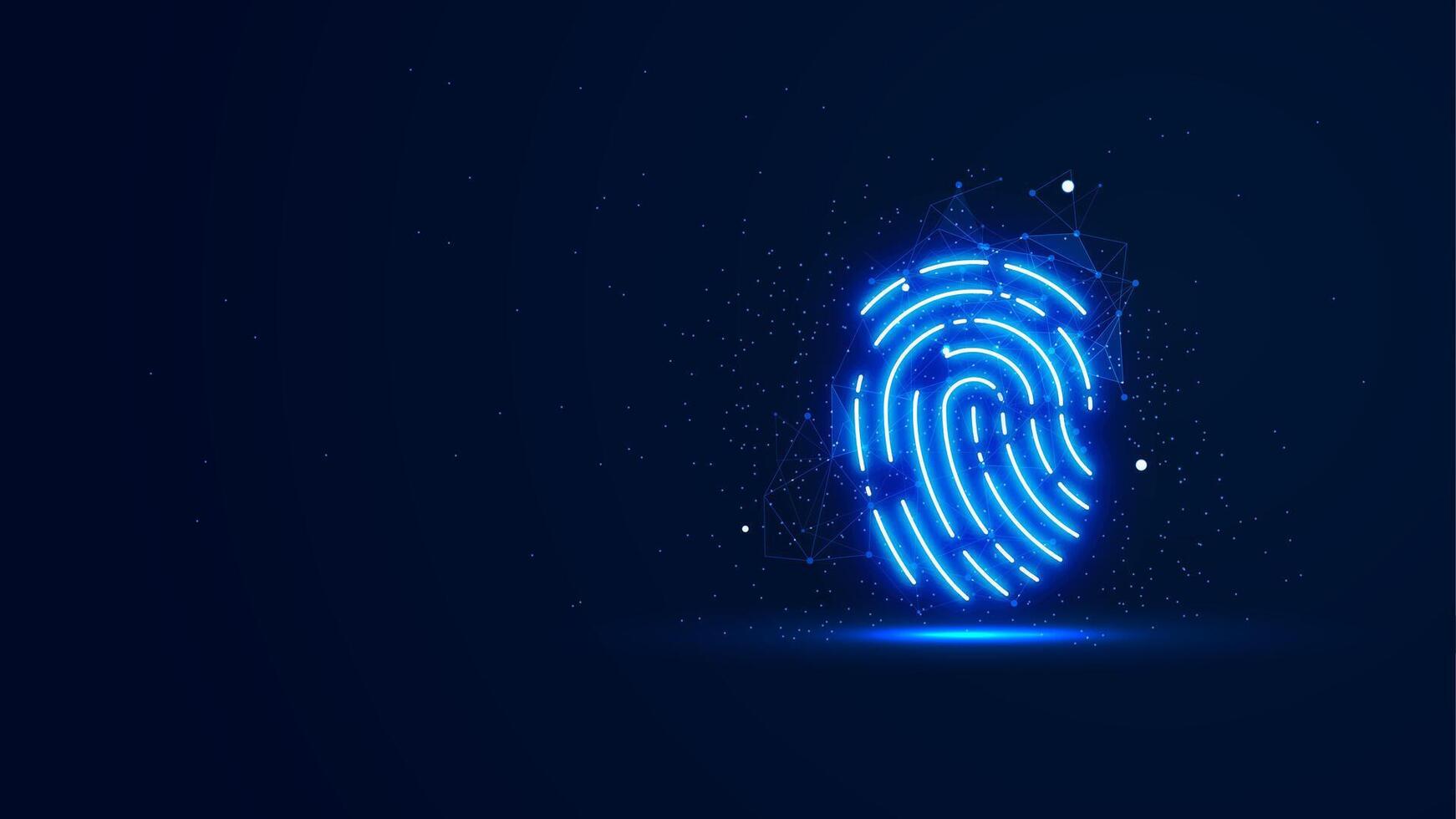 Biometric in the neon light style. Futuristic glowing fingerprint with plexus lines and glitter particles vector