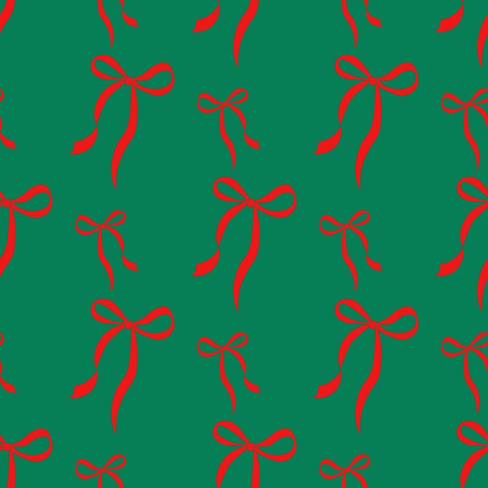 Seamless pattern with Christmas red bows on a green background. Cute print for textile, wallpaper, wrapping vector