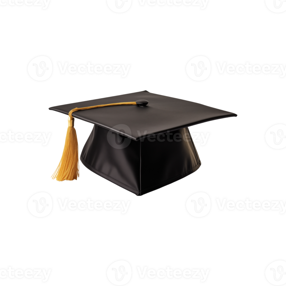 A black graduation cap with a gold tassel symbolizes achievement. Suitable for graduation designs, invitations, and educational concepts png