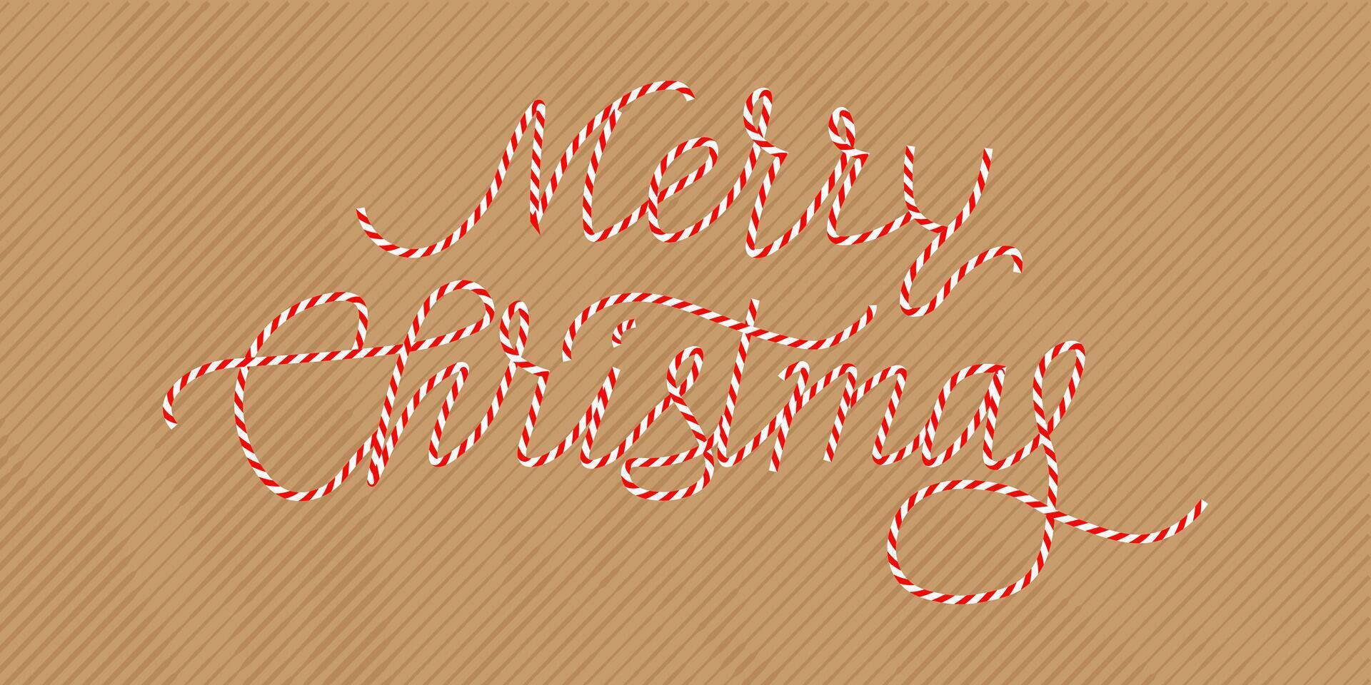 Merry Christmas candy cane text effect on brown background. Stripeds red white letters. Xmas decoration vector