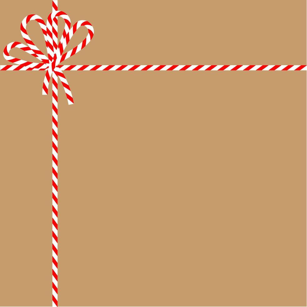 Square craft brown background with candy cane ribbon. Christmas packing string for decoration and present vector