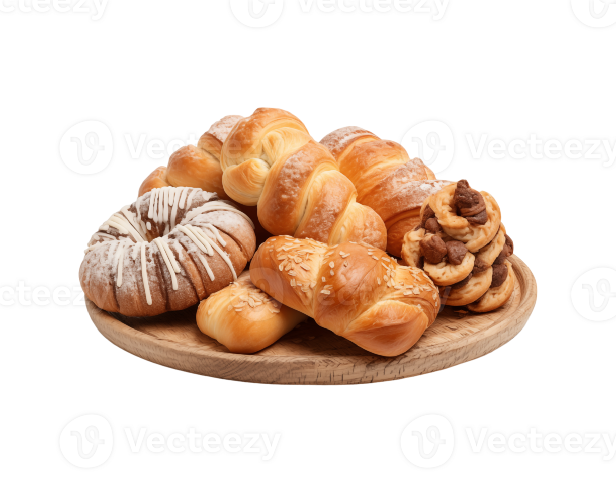 Assorted delicious pastries and breads served on white background. Ideal for food themed graphics and bakery marketing png