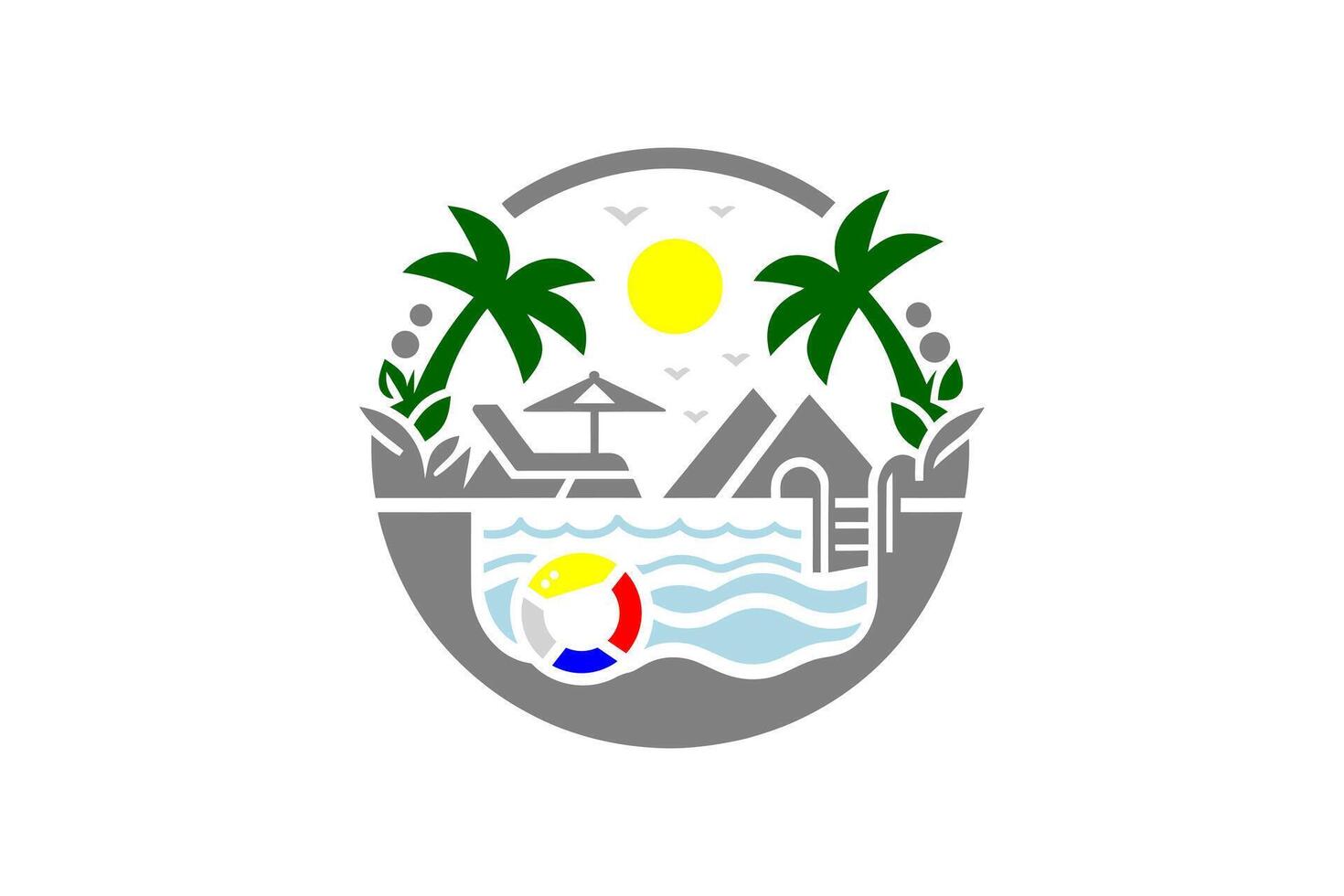 Tropical Emblem with Palm Trees, Sun, Mountains, Water, and Pier vector