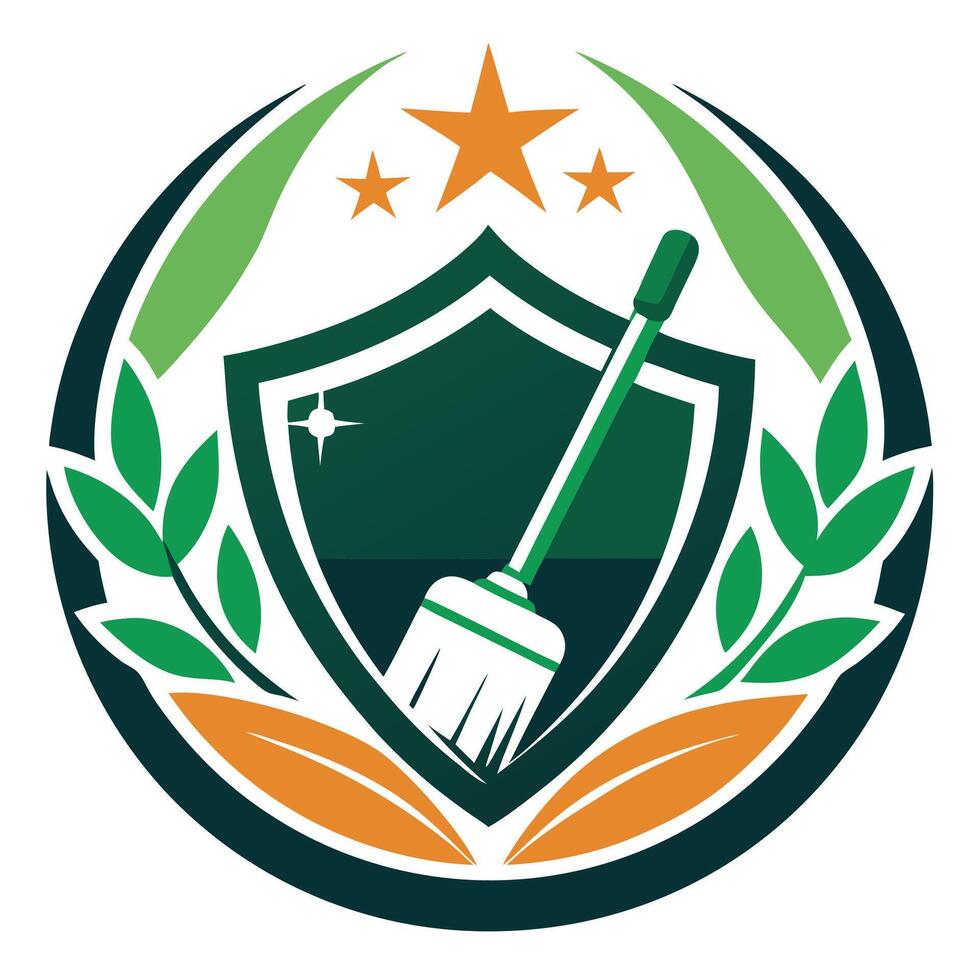 Cleanliness Service Logo With Broom And Shield. vector