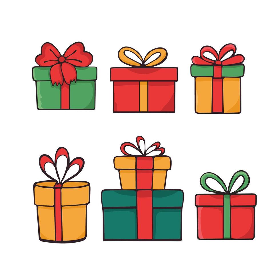 gift boxes Doodle set. Holiday present boxes with bows. Hand drawn colorful presents collection. Graphic design elements for advertisement, flyer, poster, web shop sale. illustration vector