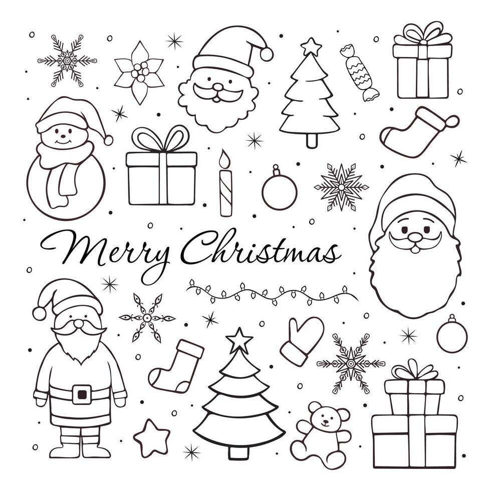 Merry Christmas festive doodle collection. Different hand drawn sketchy elements, Christmas tree, Santa Claus, Snowman. Winter holidays attributes vector