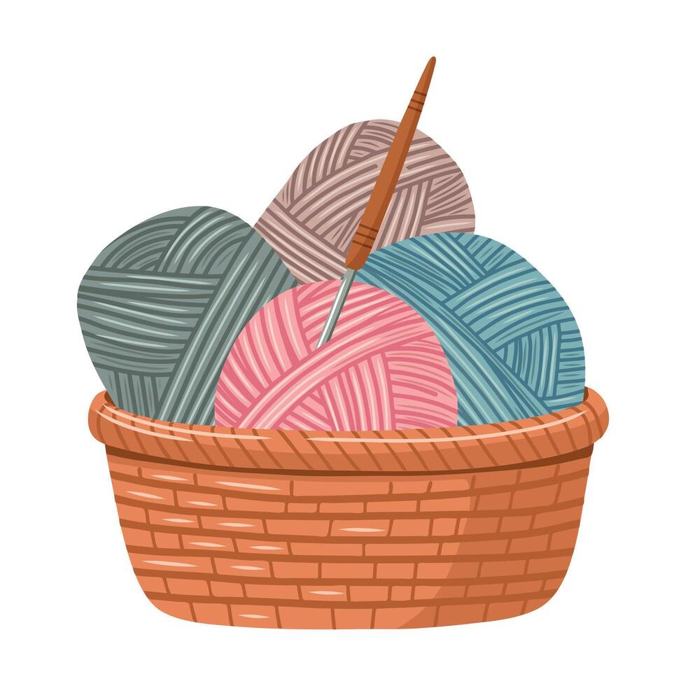 Illustration of a craft basket with skeins of yarn and a crochet hook. Knitting tools. Handicraft, hobby, hand knitting. Coziness concept. vector