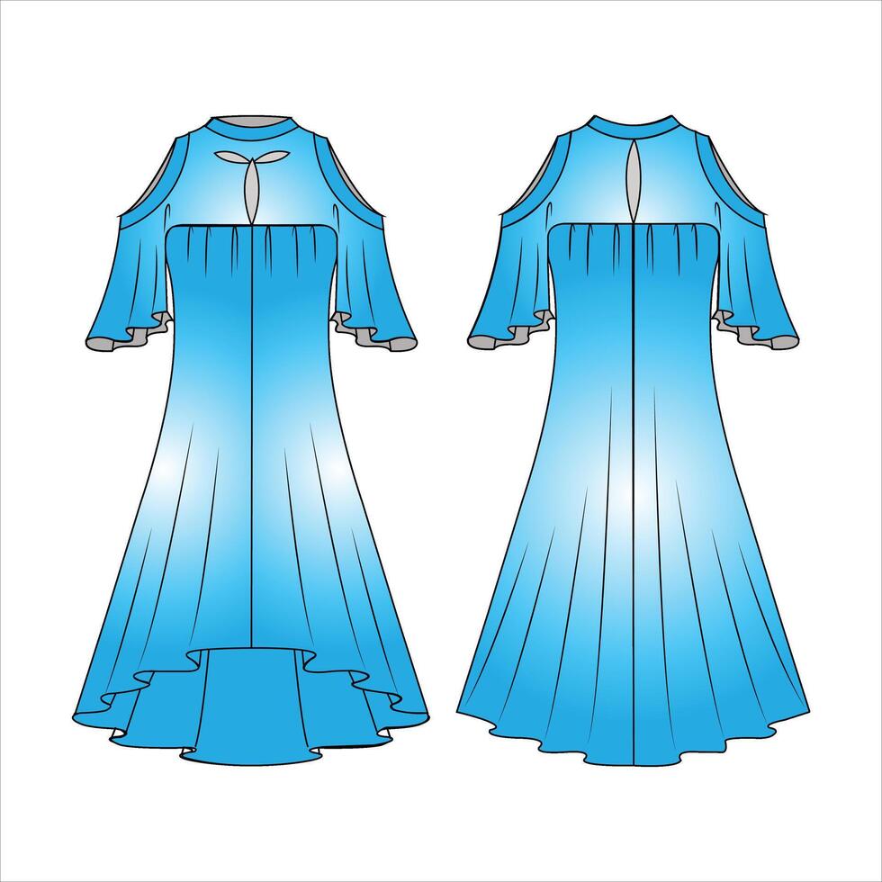 Printed Party dress Blue Off-the-shoulder dress Color Gradient Technical drawing of the dress front and back view vector