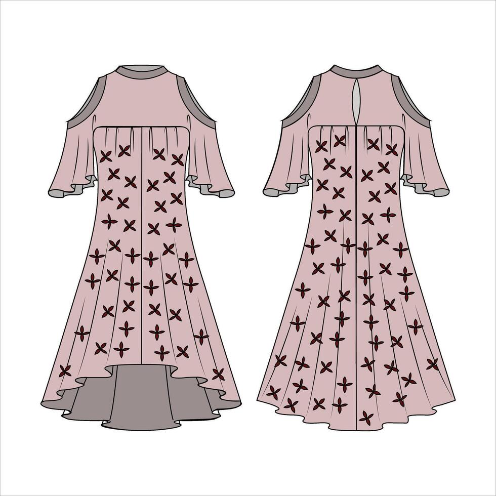 Set of Dresses evening wedding technical fashion illustration Printed with tube off-the-shoulder neckline, knee mini maxi midi length skirt vector