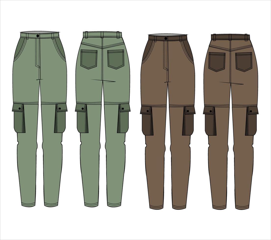 Technical flat sketch of Wide pants. Waistband cargo sweatpants with side pockets. Front and back apparel vector