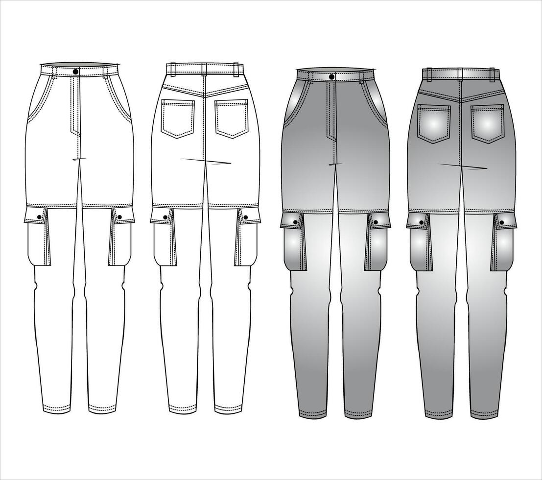 Technical flat sketch of Wide pants. Waistband cargo sweatpants with side pockets. Front and back apparel vector