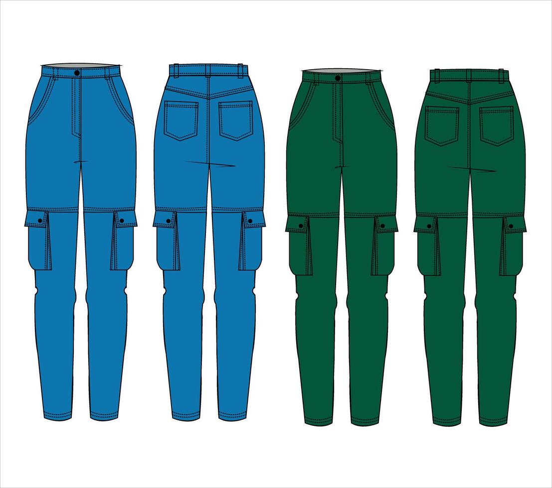 Technical flat sketch of Wide pants. Waistband cargo sweatpants with side pockets. Front and back apparel vector