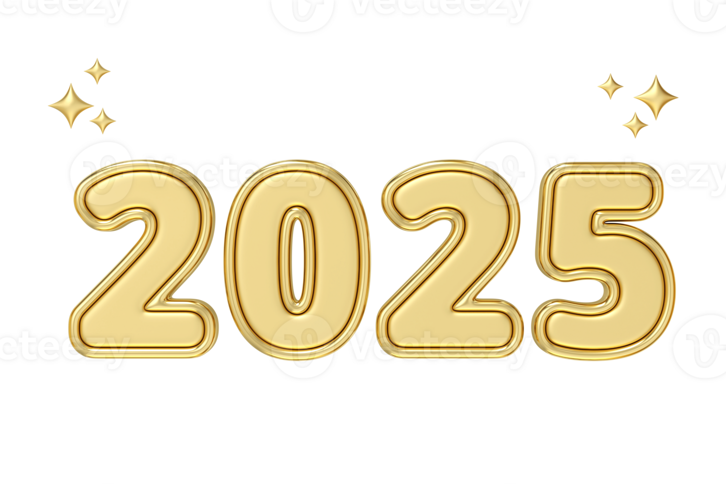 Golden 2025 text with sparkling stars, symbolizing bright and prosperous new year, ideal for New Year celebration themes and festive designs, 3d rendering png