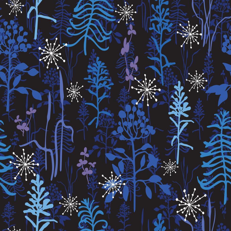 , vertical, gender neutral, foliage pattern of blue plant silhouettes on a dark night background, with quietly falling white snowflakes. For winter design projects. vector