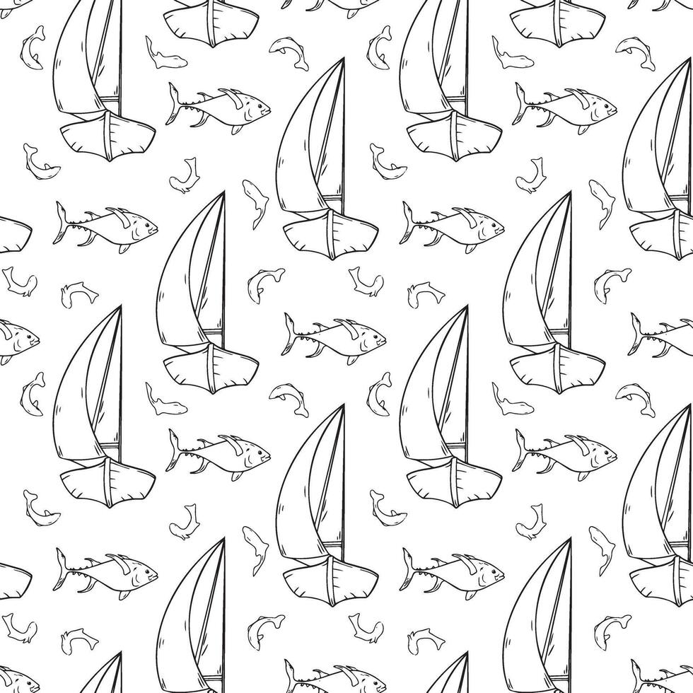 Sailing ship black and white graphic seamless pattern isolated. Sail vessel and fish tuna hand drawn monochrome repeating background. Contour fish and ship by ink. Marine line art wallpaper. vector