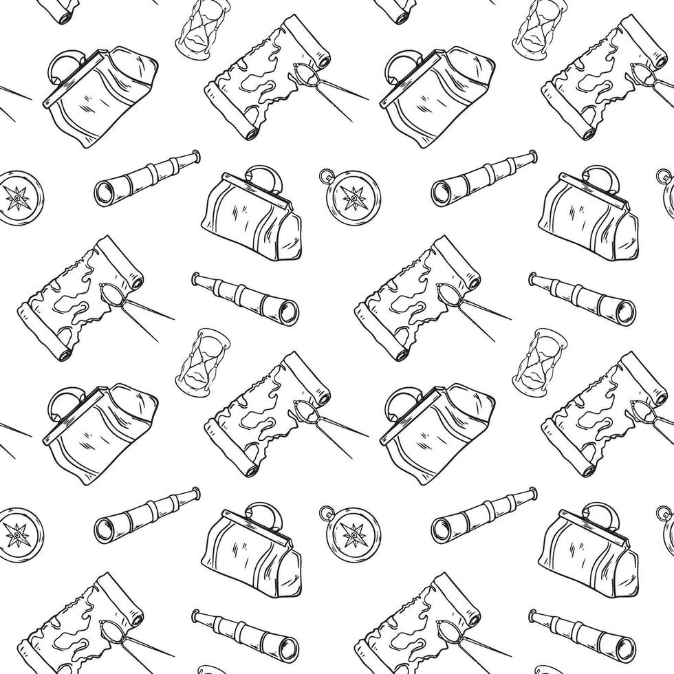 Compass, spyglass, map, carpet bag black and white graphic seamless pattern. Repeating background for boys adventure print. Monochrome vintage travel print in line art hand drawn. vector