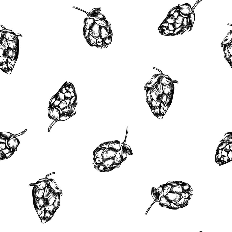 Hops cones black white graphic seamless pattern isolated. Hops cone plant monochrome background hand drawn by ink. Botanical humulus cones repeated texture for design craft beer, brewing . vector