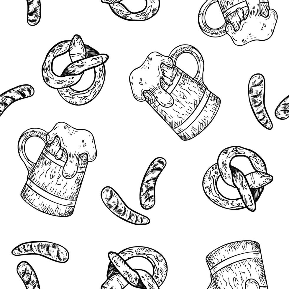 Beer festival black white seamless pattern isolated. Wooden beer mug, pretzel, sausage hand drawn. Monochrome repeated texture with tankard and snacks for wrapping paper, pub, Oktoberfest. vector