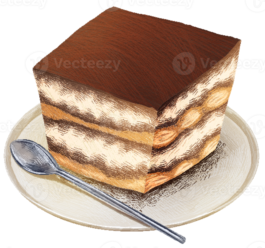 Tiramisu placed on a white plate with a spoon in pixel art style png