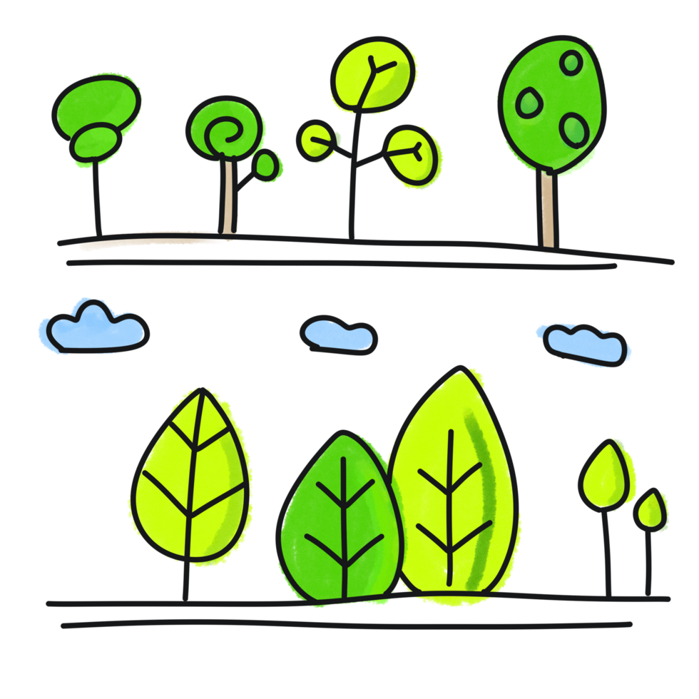 Whimsical Hand-Drawn Trees and Leaves Illustration png