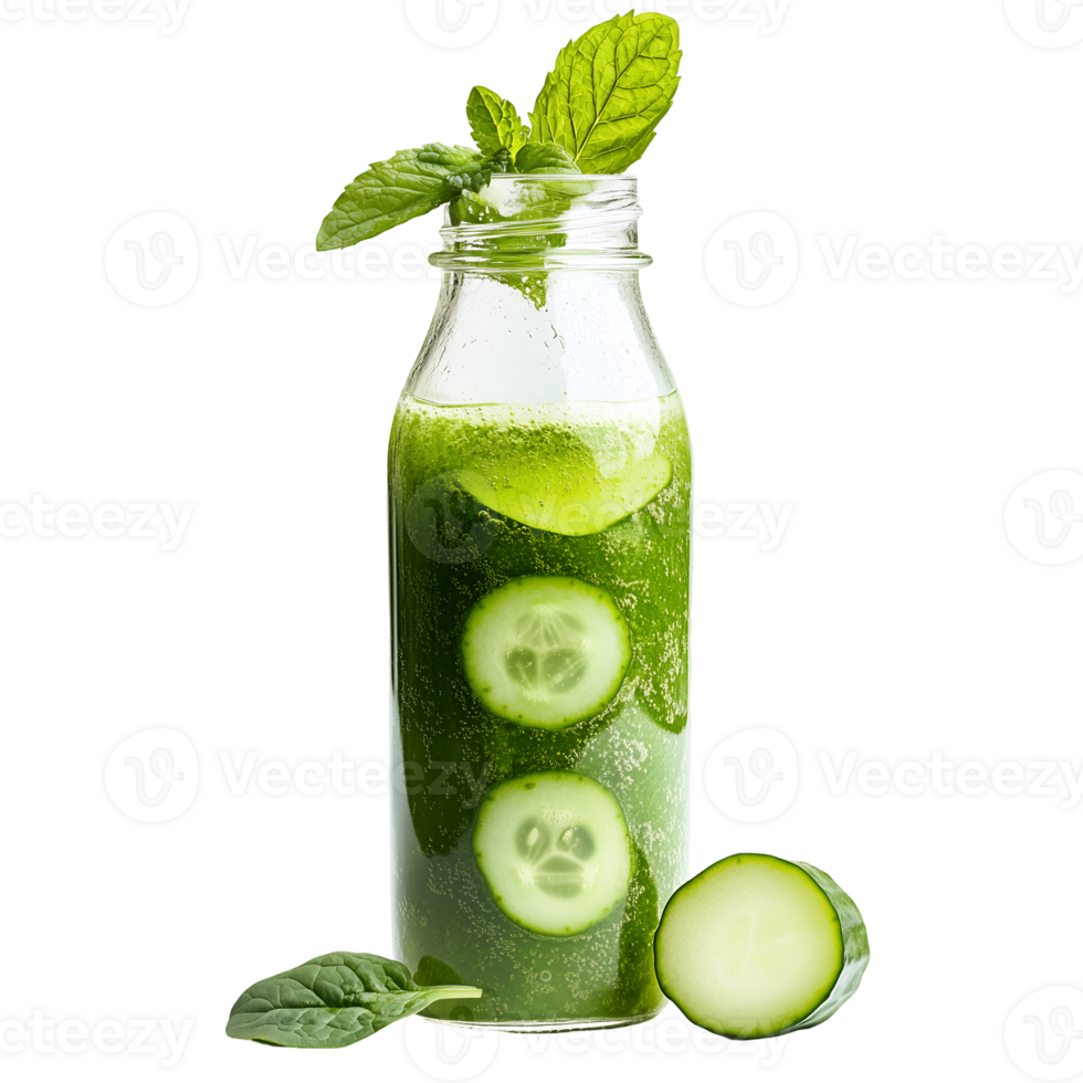 A glass bottle with cucumber slices and mint leaves png
