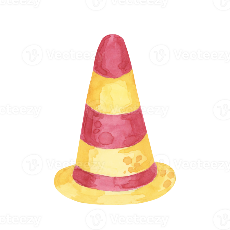 Traffic cone with red and yellow stripes in cartoon style. Watercolor clipart perfect for use in educational resources, construction-themed decorations, traffic or safety materials png
