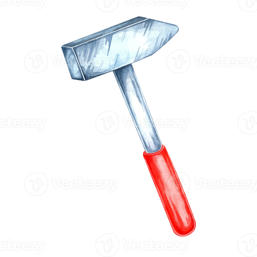 Hammer with a metallic head and a distinctive red handle. Watercolor clipart of the workshop tool. Perfect for construction websites, DIY project graphics, and hardware store branding, flyers png