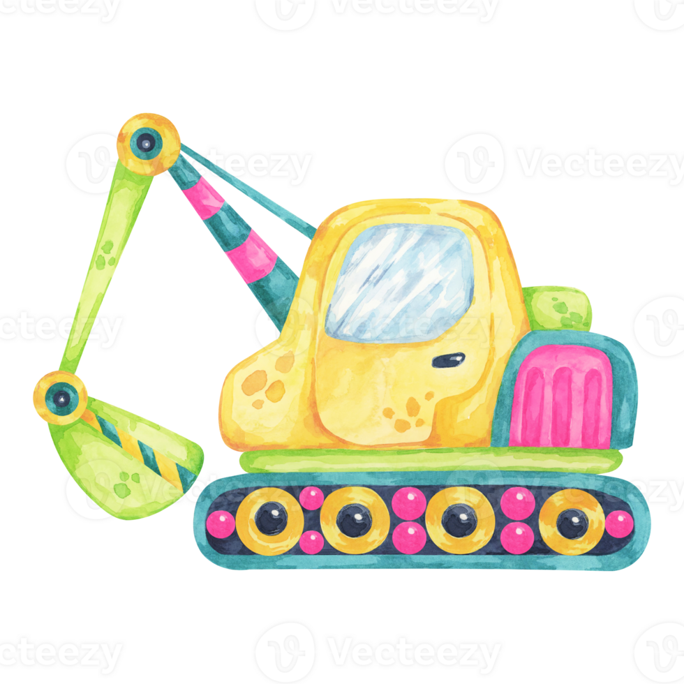 Excavator truck in cartoon style with yellow and green colors. Building site vehicle watercolor clipart suitable for construction-themed illustrations, children's rooms, or educational content png