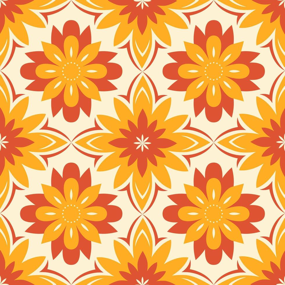 Ceramic tiles in a classic design feature intricate floral and leaf motifs, highlighting. Shades of red, yellow, and orange. Mexican floral mosaic. Mediterranean. vector