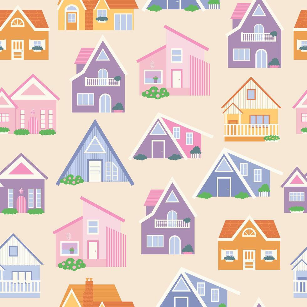 Seamless pattern with houses. Pattern with town houses. Background with cartoon town. Architecture. House design. vector