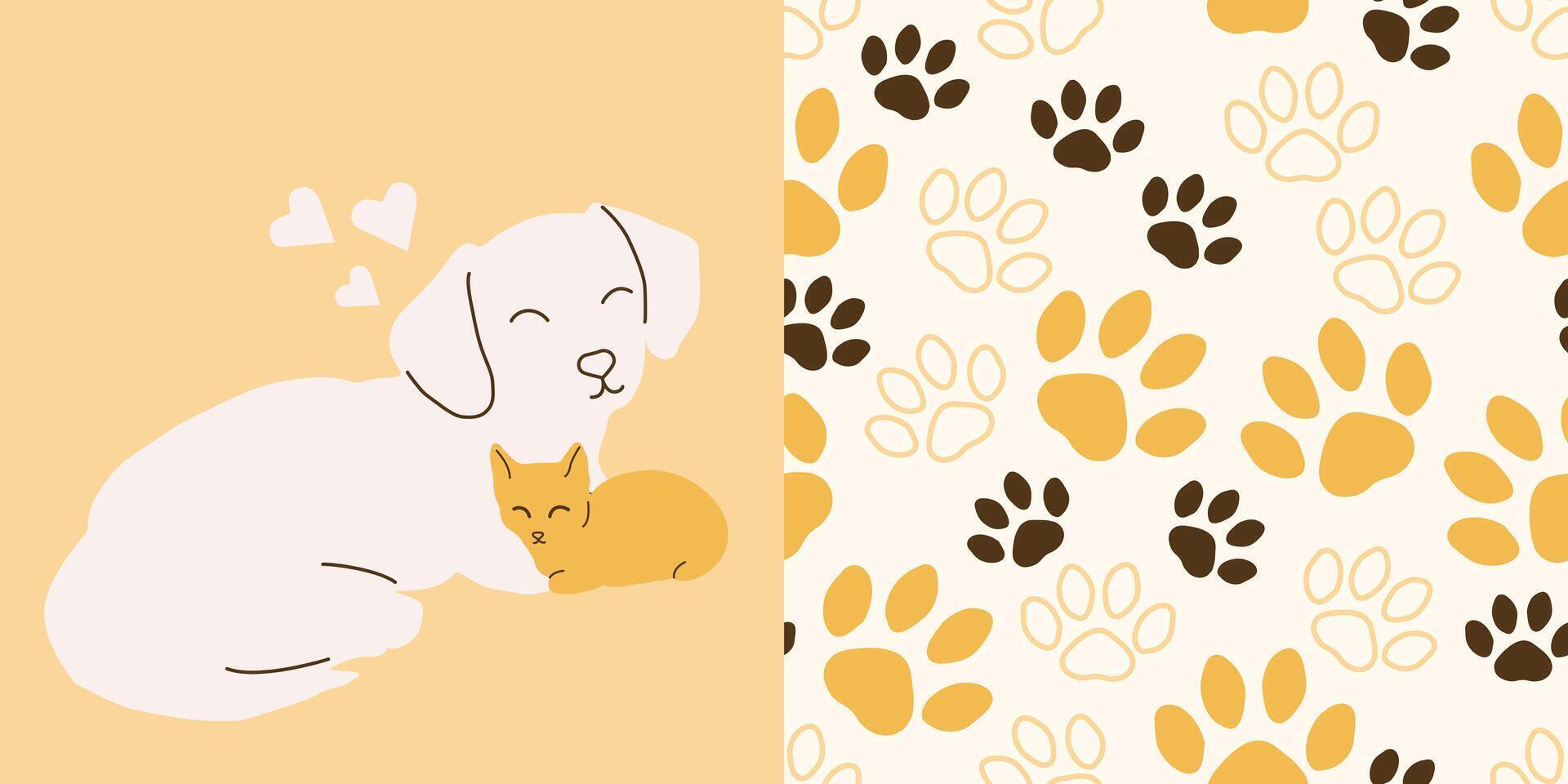 Cat and Dog. Puppy and kitten illustration with paw print drawing. Yellow. vector