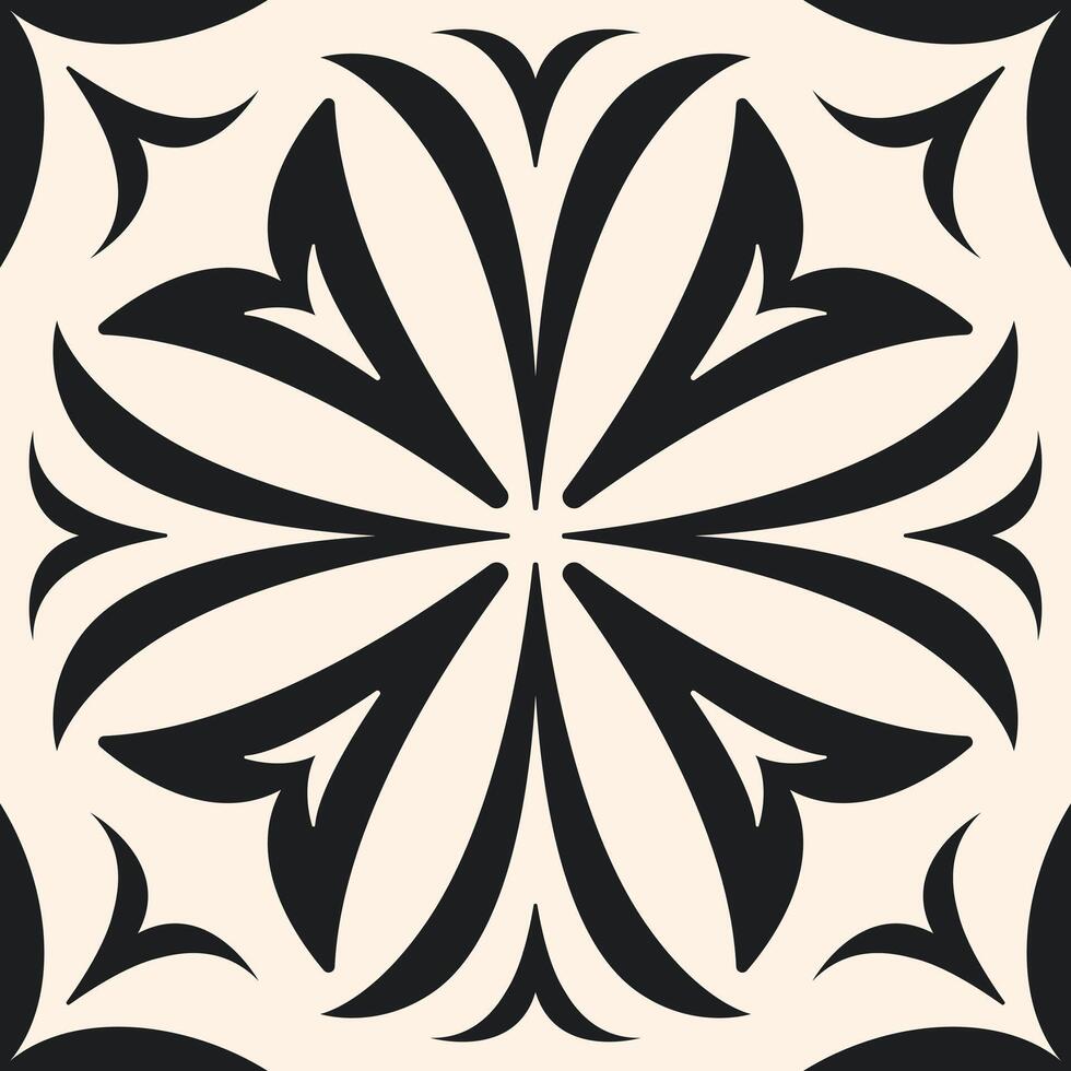 A minimalist black and white floral tile design. Black and white geometric flowers seamless repeat pattern background. vector
