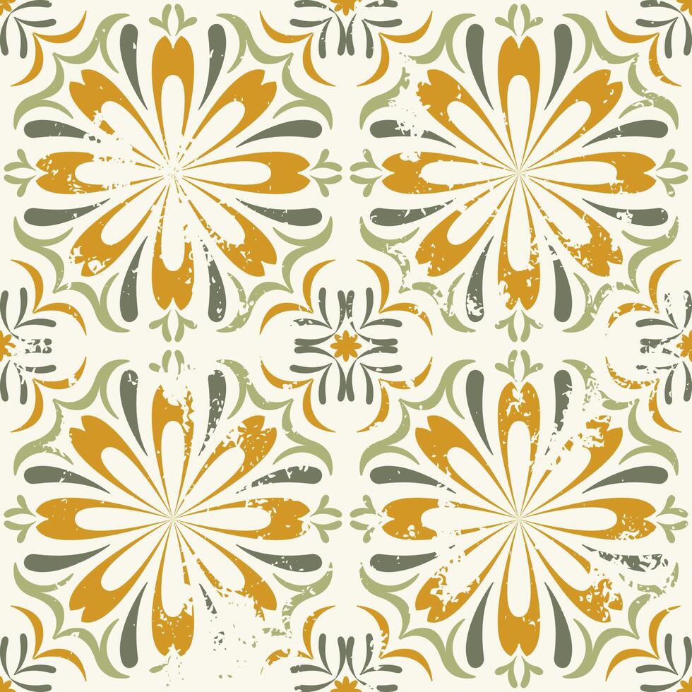 Classic ceramic tile design with floral and leaf elements in shades of green and yellow. Inspired by Mexican floral mosaic and Mediterranean aesthetics. Textured retro tiles. vector