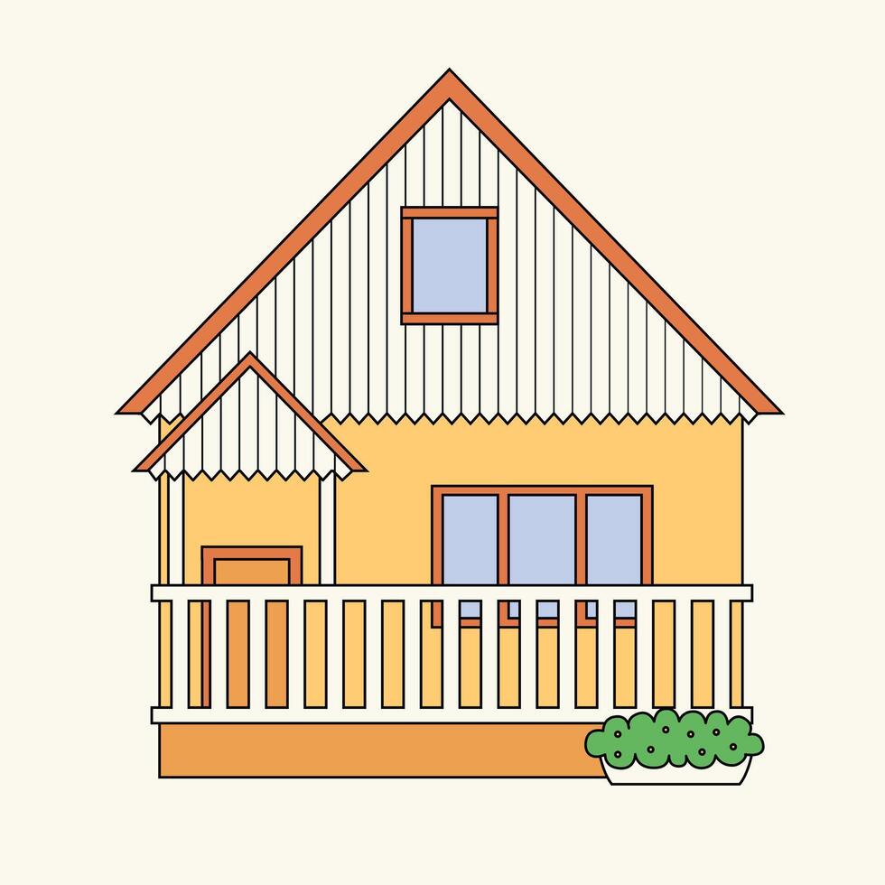 Yellow house. Colorful house illustration. Cute country house. Cartoon town. Architecture. House design. Home facade with doors and windows. Isolated illustration. vector