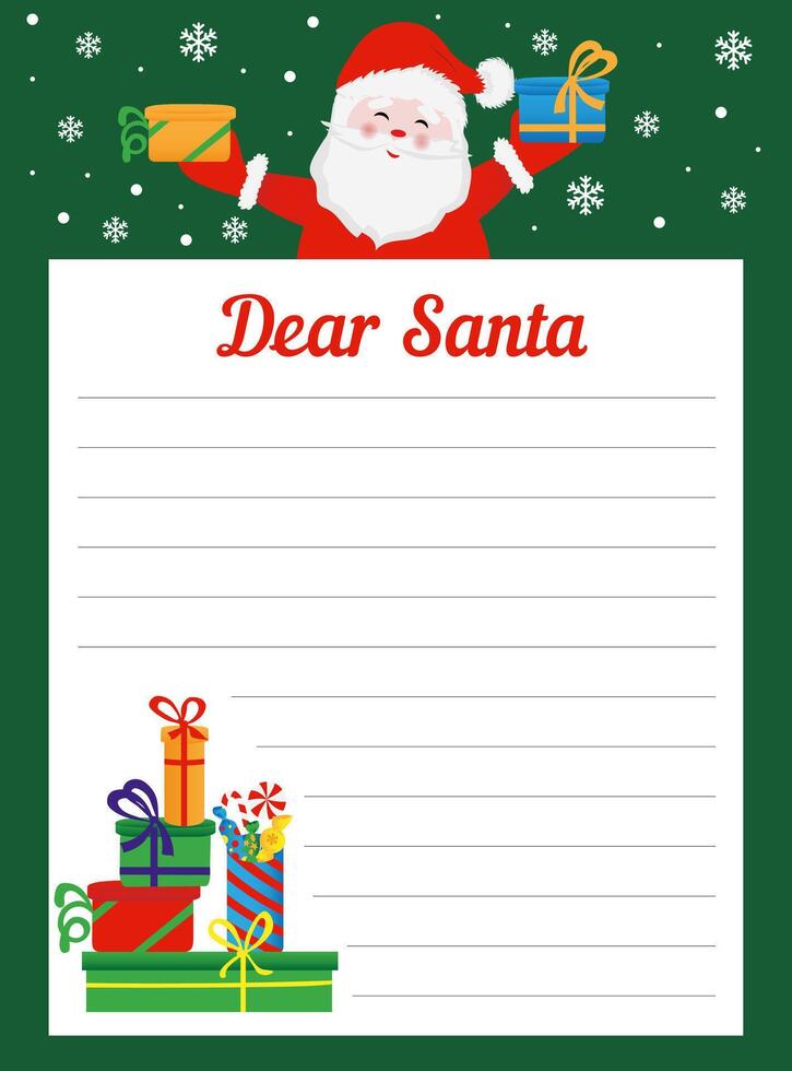 New Year letter to Santa Claus, wish list. Holiday new year decoration template. Page for New Year's wish list. vector