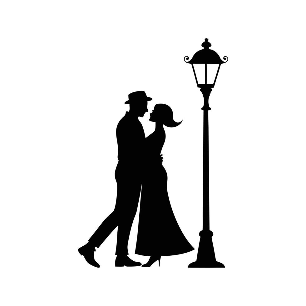 Romantic Couple Embracing Under A Streetlamp vector