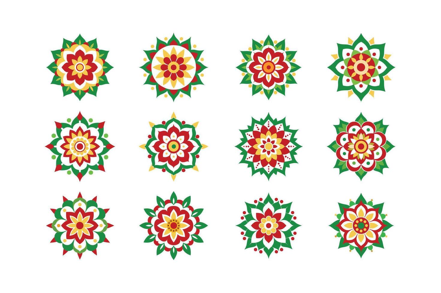 Colorful Mandala Christmas Ornament Patterns - Festive Decorative Elements in Red, Green, and Yellow vector